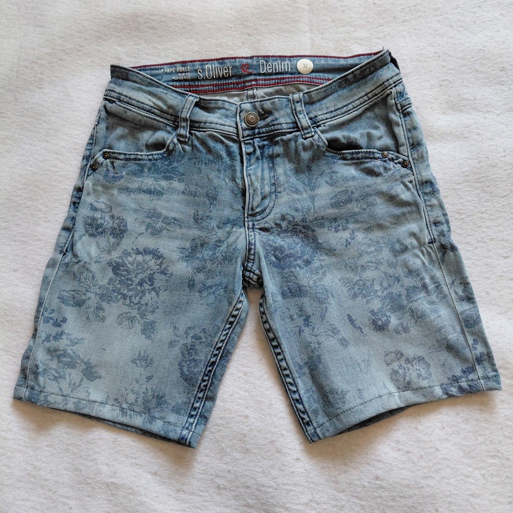 s.Oliver Slim Fit Denim Shorts Mens 32‎ Light Blue Floral Pattern Straight Cut